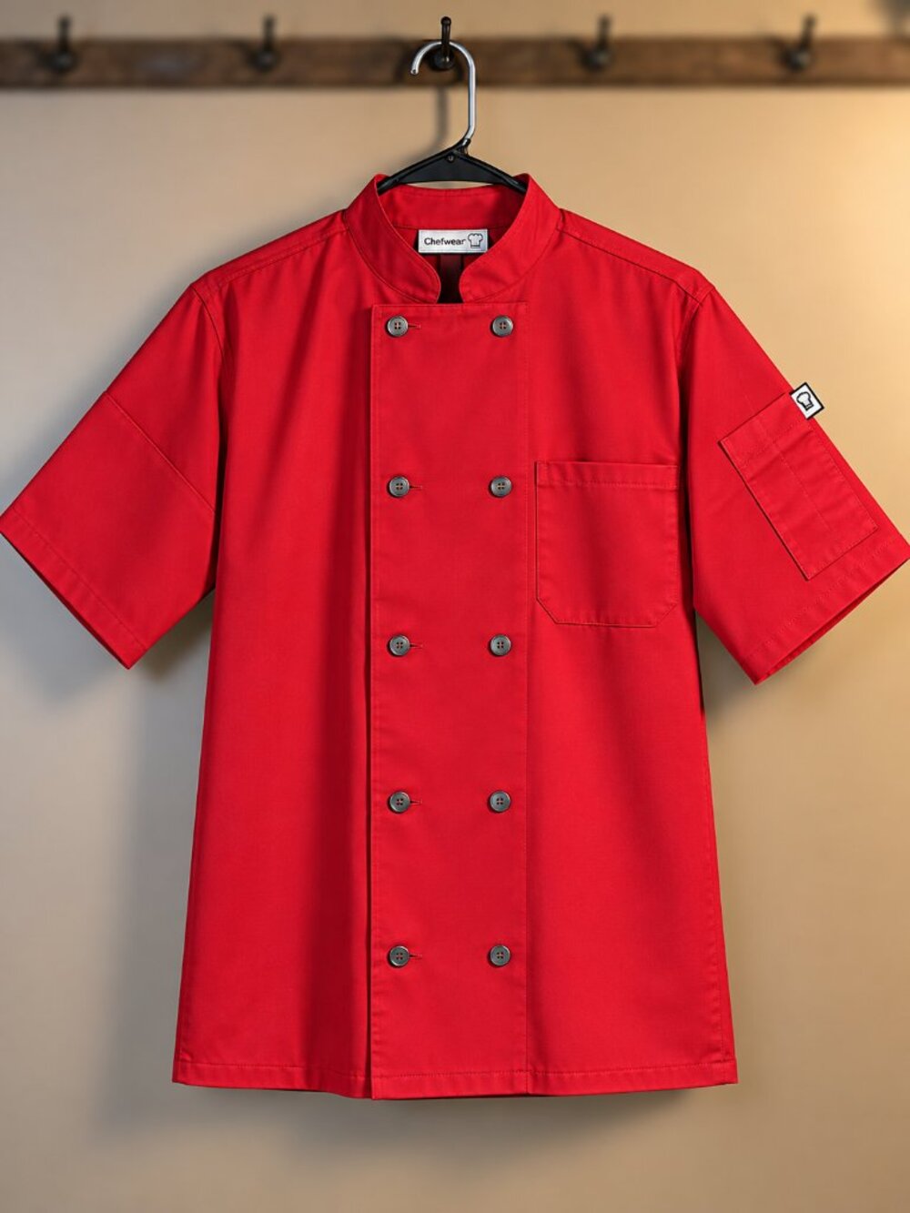 Short Sleeve Plastic Button Chef Jacket Bright Red